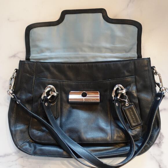 Coach Leather Shoulder Bag Satchel Womens Black Silver Hardware Turnlock 18277 - Picture 4 of 13